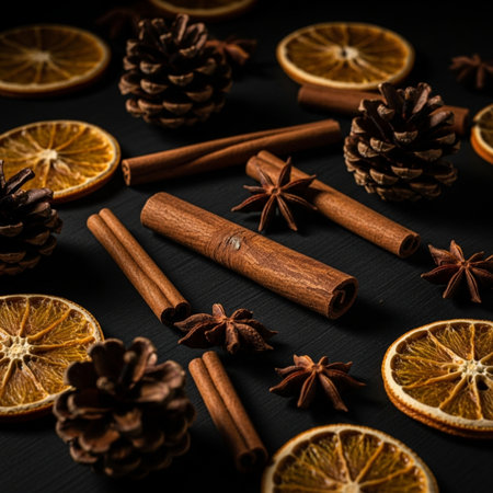 Cinnamon sticks, dried oranges and star anise on a black backgroundの素材