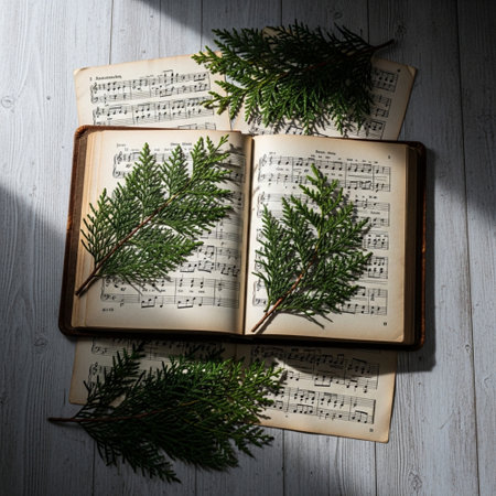 Old book with christmas tree branches on wooden background, top viewの素材