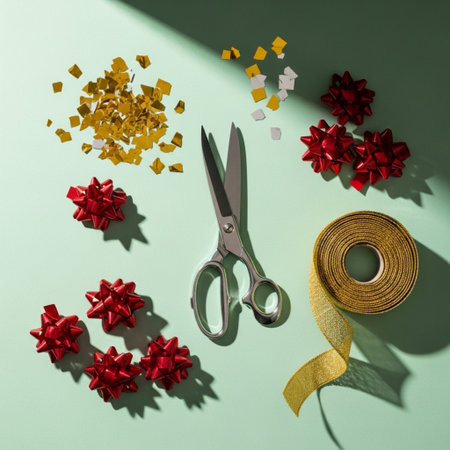 Flat lay of scissors, ribbons and confetti on green backgroundの素材