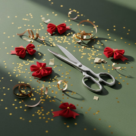 scissors with red bows and confetti on green background, top viewの素材