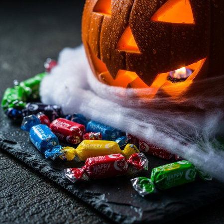 Halloween candies and jack-o-lantern on dark backgroundの素材