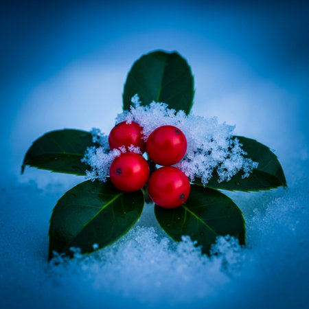 Christmas background with holly berries and snow. Shallow dof.の素材