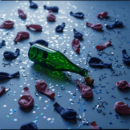 Bottle of champagne and confetti on blue background. Celebration concept.の素材