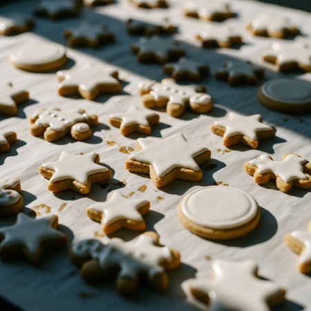 Cookies in the form of stars on a sheet of baking paperの素材