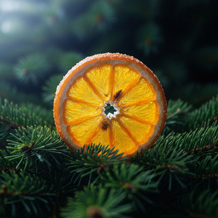 Christmas decoration with spruce branches and slices of orange on dark backgroundの素材