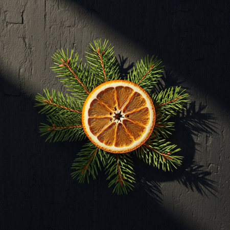 Christmas composition with fir branches and dried orange on black background, top viewの素材