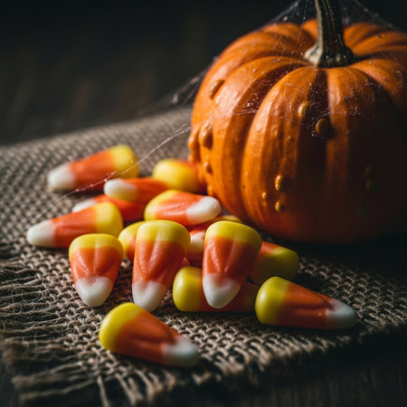 Halloween candy corn with pumpkin on rustic wooden background, selective focusの素材