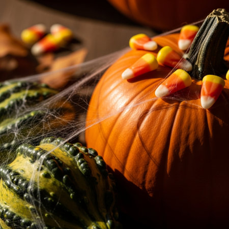 Halloween pumpkins with cobwebs and candy corn on wooden backgroundの素材