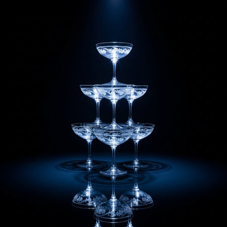 Cocktail glasses on a black background with reflection in water.の素材