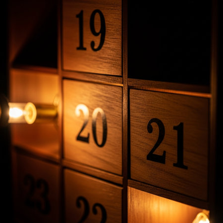 Close up of a wooden calendar with dates and light in the backgroundの素材