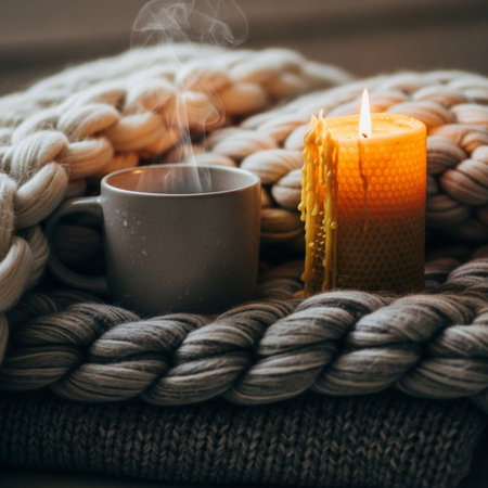 Cup of coffee, knitted scarf and burning candle on wooden background.の素材