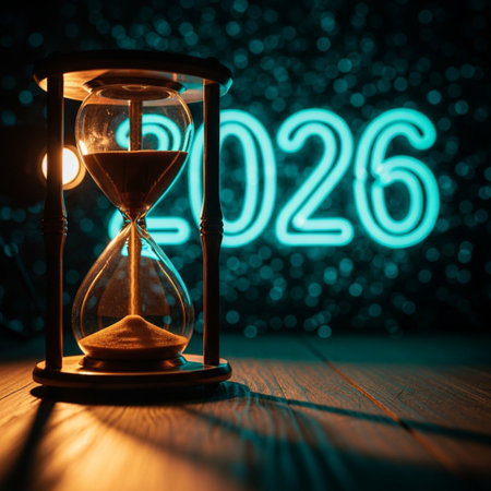 Hourglass with numbers 2022 on wooden background. New year concept.の素材