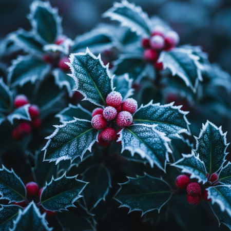 Holly berry covered with hoarfrost. Christmas background.の素材