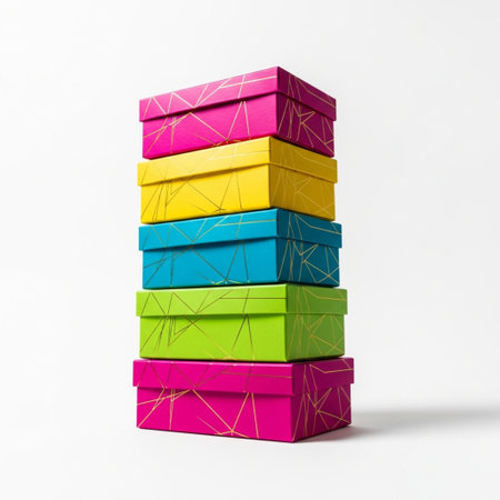 Stack of colorful gift boxes isolated on white background. 3D rendering.の素材