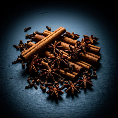 Cinnamon sticks, star anise and cloves on black background. Toned.の素材