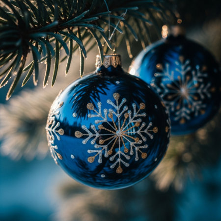 Blue christmas ornaments hanging on a branch of a Christmas treeの素材