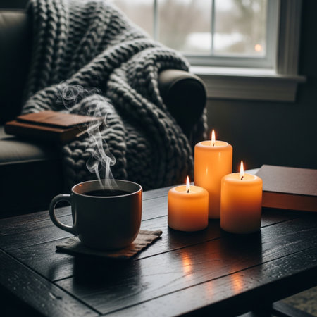 Cup of coffee and candles on a wooden table near the windowの素材