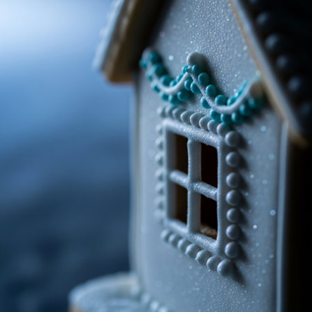 Close up of a small toy house on a blue background. Shallow depth of field.の素材