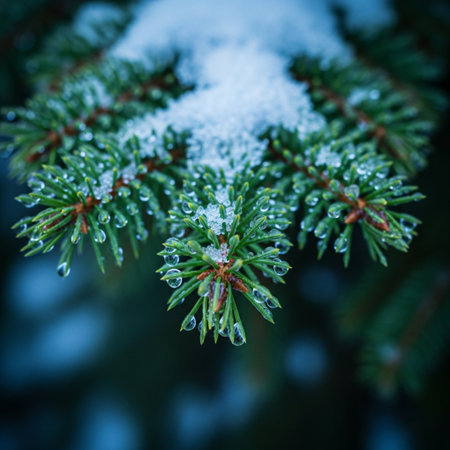 Green spruce branches with hoarfrost close up. Christmas backgroundの素材