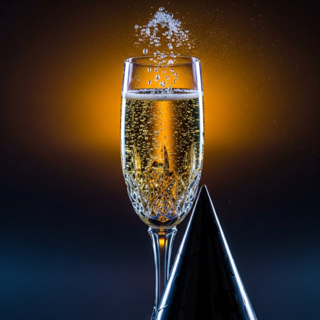 Champagne pouring into a glass on a dark background with splashesの素材