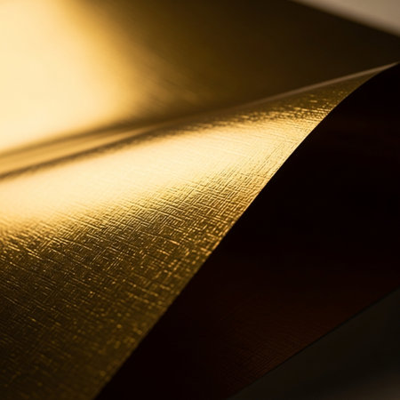 Close-up of a gold metal sheet. Shallow depth of field.の素材
