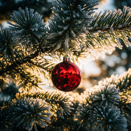 Christmas tree with red bauble in the snow. Winter background.の素材