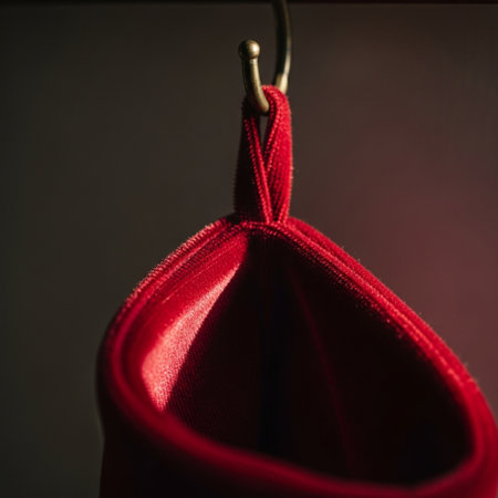 Closeup of a red cloth hanging on a clothes hanger.の素材