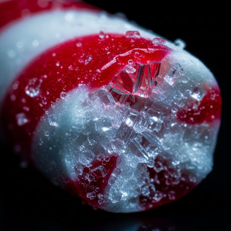 Red and white peppermint candy on black background. Macro image.の素材