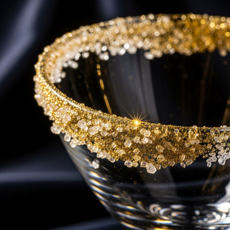 Close up shot of champagne glass with golden sparkles on black backgroundの素材