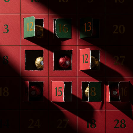 Christmas advent calendar with numbers on red background. Xmas concept.の素材