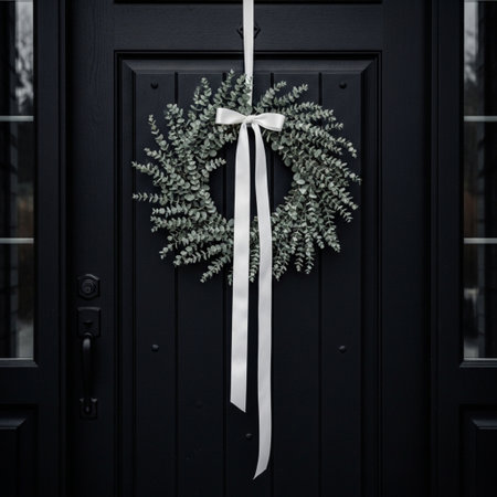 Wedding wreath on the door of a black house.の素材