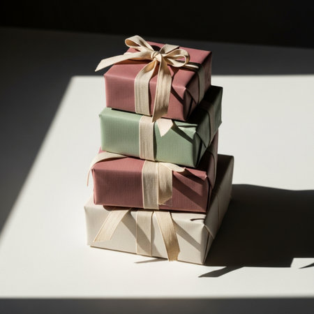 Gift boxes with ribbons on a white background with shadows.の素材