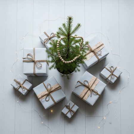 Christmas or New Year composition. Christmas tree, gift boxes and garland on white wooden background. Flat lay, top viewの素材