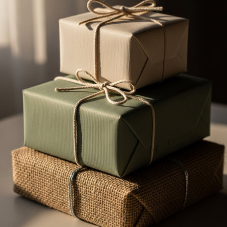 Three gift boxes wrapped in brown craft paper and tied with twineの素材