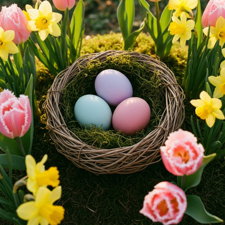 Easter eggs in nest with daffodils and tulipsの素材