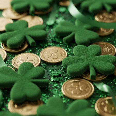 St. Patrick's Day background with shamrocks and gold coinsの素材