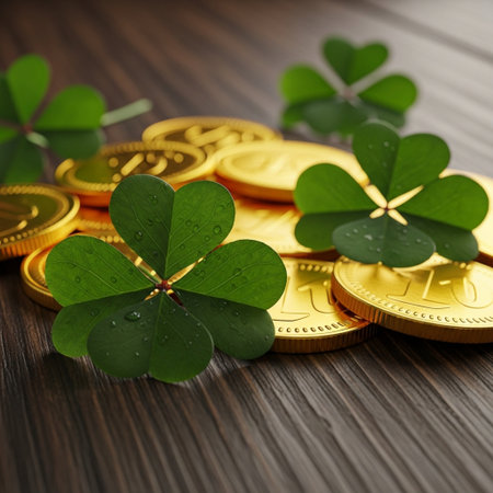 Gold coins with clover leaves on wooden background. St. Patrick's Dayの素材