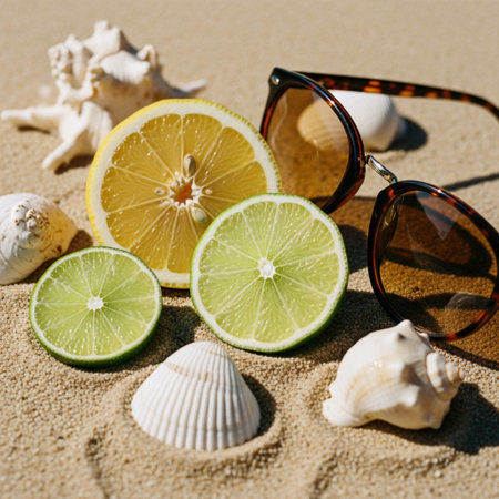 summer holidays, vacation and travel concept - close up of sunglasses, lime and seashells on sandの素材