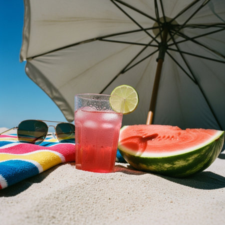 A glass of watermelon juice on the sand with a striped towel and sunglassesの素材