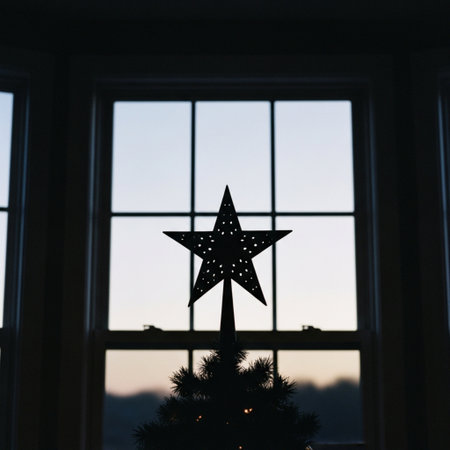 Christmas tree with star on the background of the window in the eveningの素材