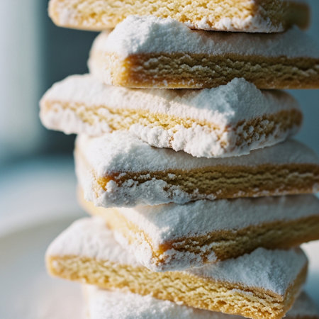 Close up of a stack of white sugar cookies on a plate.の素材