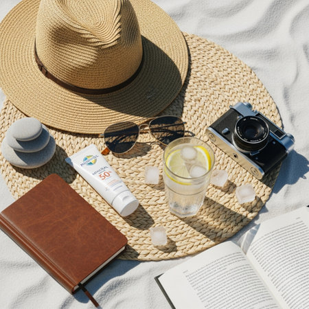 Straw hat, sunglasses, sunblock lotion and book on white sandの素材