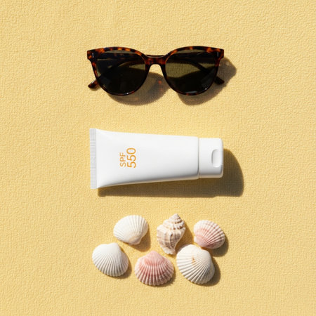 Sun protection cream tube with sunglasses and seashells on yellow backgroundの素材