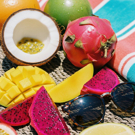 Tropical fruits and sunglasses on rattan background. Summer concept.の素材