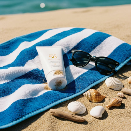 Sunscreen cream on a beach towel with sunglasses and seashellsの素材