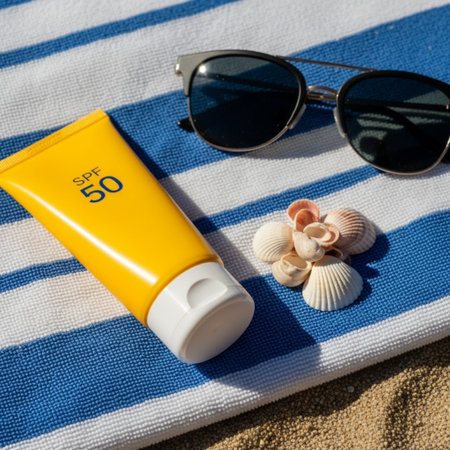 Sunscreen cream in a tube, sunglasses and seashells on the beachの素材