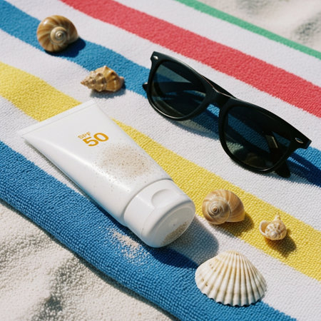 Sunscreen cream in tube, sunglasses and seashells on towelの素材