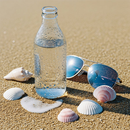 Bottle of mineral water, sunglasses and seashells on sandの素材