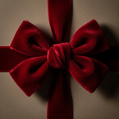 Red ribbon bow on brown paper background with copy space for text.の素材