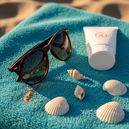Sun protection cream on the beach with sunglasses and seashells.の素材